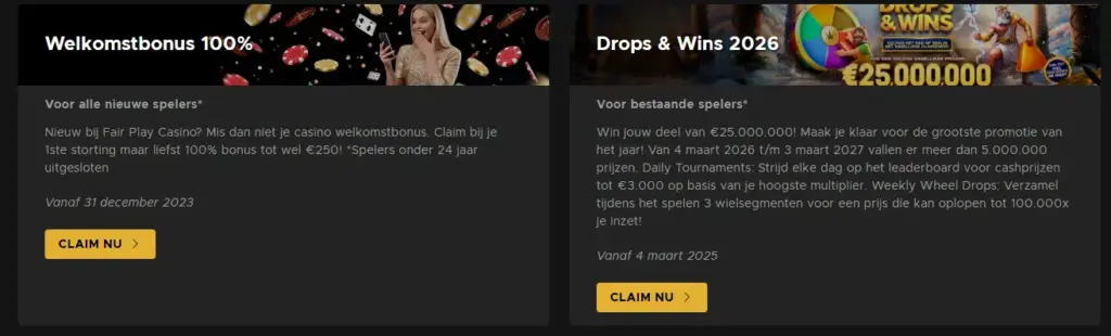 Sectie met promoties en beloningen voor casino spelers