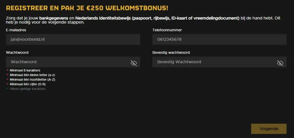 Snel formulier om een spelersaccount aan te maken